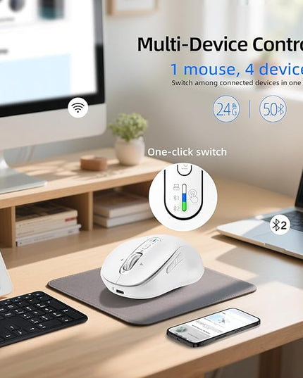 Wireless Bluetooth Mouse Rechargeable,USB+BT×2,Multi Device Quiet Ergo Computer Mouse,Metal 4-Way Super Scrolling,± 3200 DPI,10 Button,Plug&Play,Cordless Mice for Laptop,Tablet,Mac,iPad,PC,Phone-White