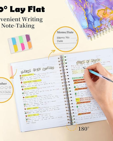 5 Subject Notebook College Ruled, A5 Spiral Notebook with Removable Pocket Dividers Tabs, Lined Organizer Notebook Journal for Women, 240 Pages Notebooks for Work School Note Taking, Pink Marble