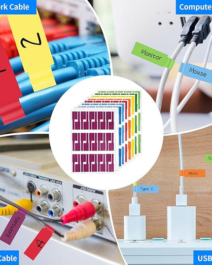 540 pcs Cable Labels, 9 Colors Cord Label, Waterproof Cables Tags, Self Adhesive Wire Labels, Cables Tags Printable for Laser Printer and Handwriting, Electronics Cable Management