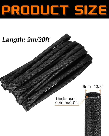 MECCANIXITY 30ft Braided Cable Sleeve, 3/8" ID 200C High Temperature 1500V Fiberglass Wire Insulation Cord Protector Organizer Wires Management for Motor Engine Fuel Line, Black