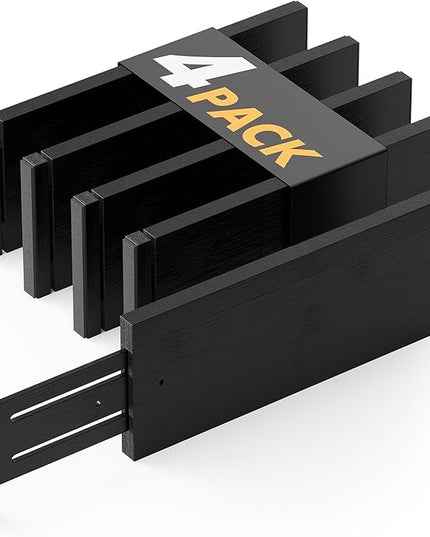 SpaceAid Bamboo 4 Pack Dresser Drawer Dividers, 4.65“ High Adjustable 12.5“-17” Drawer Organizers, Expandable Organization for Clothing, Clothes, Dressers, Black