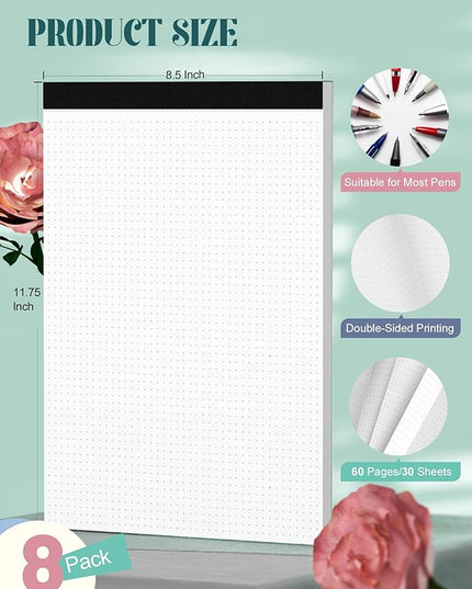 Dot Grid Journal Notepad 8.5 x 11, 8 Pack, Dotted Grid Paper Note Pads 8.5" x 11", White Dotted Journal 8-1/2 x 11, 30 Sheets, 1/5" Dot Spacing Paper Writing Pads for Sketching, Drawing, 30 Sheets/Pad