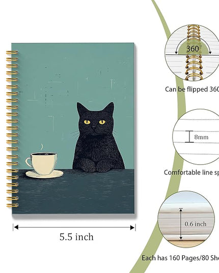 ROXMART Vintage Coffee Black Cat Spiral Notebook Journal, Cat Lover Mom Lady Gifts for Women, Funny Black Kitty Kitten with Coffee Hardcover Notebook Journal, 5.5x8.3 Inch