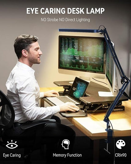 SKYLEO Desk Lamp - LED Desk Light - 5 Color Modes X 11 Brightness Levels - Adjustable Swing Arm - Timmer & Memory Function - 12W Lamp for Desk - Blue