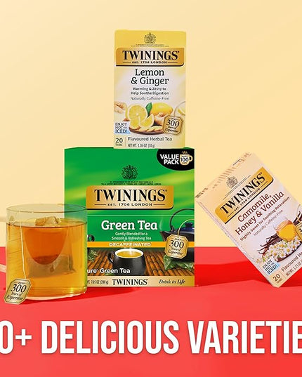 Twinings Decaffeinated Green Tea Individually Wrapped Bags, 100 Count (Pack of 1), Smooth Flavour, Enticing Aroma, Enjoy Hot or Iced, 100 Teabags
