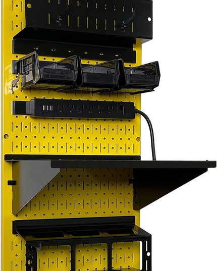 Wall Control Power Tool Storage Organizer Kit Cordless Drill Holder Charging Station Rack 16” x 32” Metal Pegboard Organization System (Yellow Pegboard)