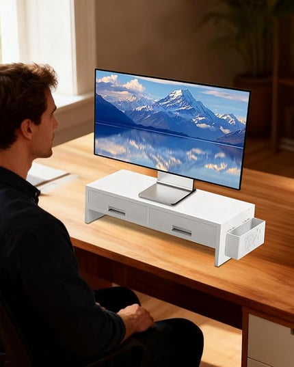 Desk Monitor Stand Riser - Double Drawer Organizer, Ergonomic Adjustable Shelf, Durable Wooden Desktop | Space-Saving Computer Accessory for Home Office Study and Bedroom Setup