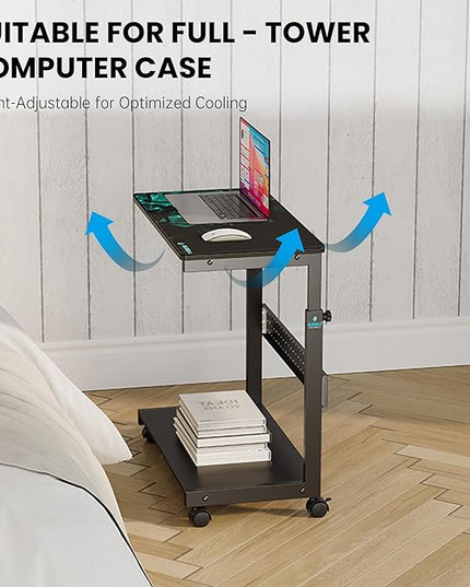 EUREKA ERGONOMIC PC Stand Computer Cart Frosted Glass, Height Adjustable Tower Stand 2-Tier Suit for ATX Case Printer, Metal Rolling Cart on Wheels for Gaming Home Office, Black