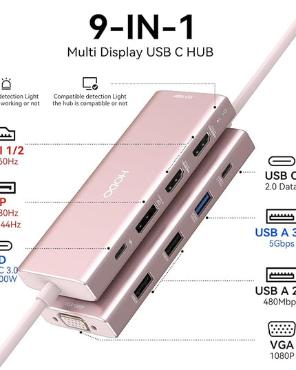 HODO USB C Docking Station Dual Monitor Adapter for Dell HP, Laptop Docking Station 3 Monitors Quad Display USB C Hub Dongle to 2 HDMI 4K,DP 8K, VGA,4 USB,PD, 9 in 1 Dongle Laptop Adapter