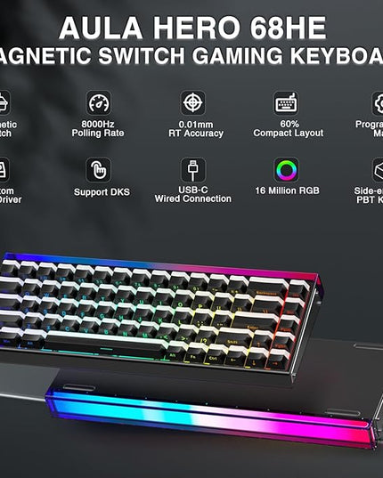 AULA Hero 68 HE 60% Gaming Keyboard Wired, Hall Effect Magnetic Switch Keyboard with 8K Hz Polling Rate, Side Printed PBT Keycaps, RGB Backlit Light Box, Customizable Web Software for PC/Mac Gamers