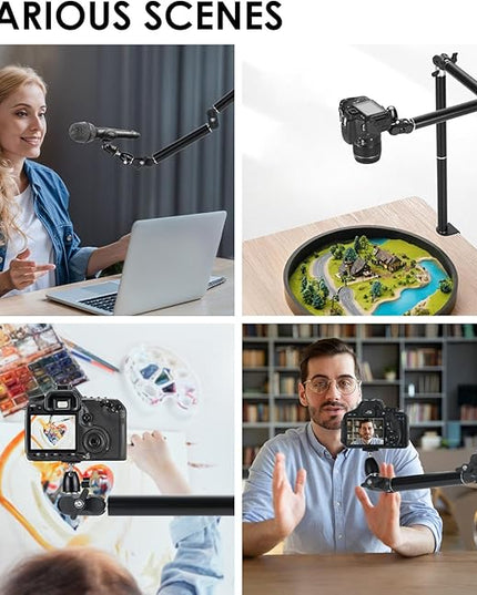 TARION Camera Desk Mount Overhead: Articulated Camera Arm Stand with Clamp 3/8'' 1/4'' Screws Adjustable Table Mount Flexible Gear Joints for DSLR, Phone, Projector TKA01-L (Upgraded Version)