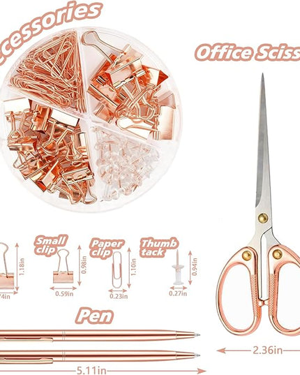 Rose Gold Office Supplies,UPIHO Rose Gold Desk Accessories,Stapler and Tape Dispenser Set with Stapler,Tape Dispenser, Staple Remover, Staples, Clips,Scissor,Pen and Sticky Notes,Gifts for Coworkers