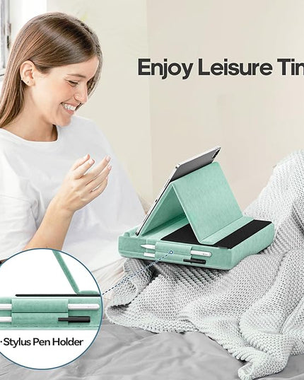 KDD Tablet Pillow Stand, Multi-Angle Viewing Ipad Holder for Lap, Bed and Desk, Foldable Soft Pad Dock with Stylus Mount Compatible with Ipad Pro 12.9, 10.5, 11, Air, Mini, Phones, Books, E-Reader