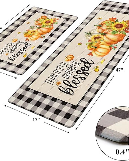 Pauwer Fall Kitchen Rugs Set of 2, Pumpkin Decorative Anti Fatigue Kitchen Mats for Floor, Farmhouse Buffalo Plaid Kitchen Mat Cushioned, Non Slip Kitchen Runner Floor Carpet Autumn Thanksgiving Decor