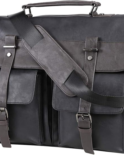seyfocnia Men's Vintage Black 17.3 Inch Water Resistant PU Leather Laptop Bag, Messenger Bag, Satchel, Briefcase