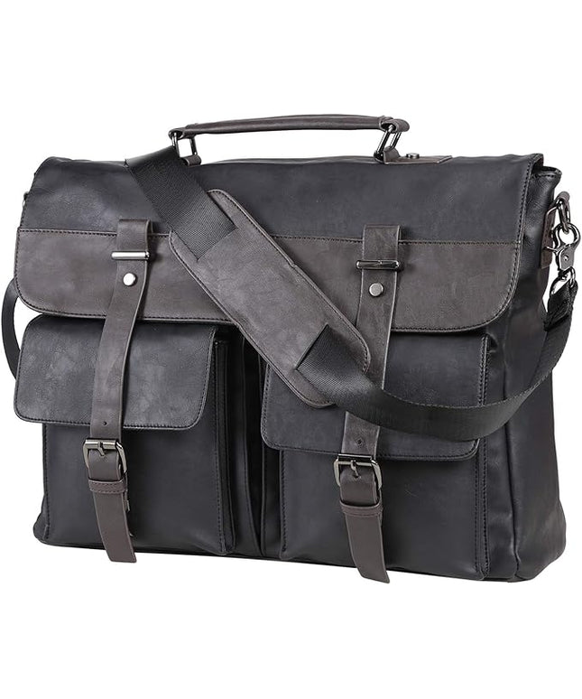 seyfocnia Men's Vintage Black 17.3 Inch Water Resistant PU Leather Laptop Bag, Messenger Bag, Satchel, Briefcase