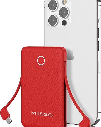 miisso 6000mah Ultra Slim Built in Cables Power Bank, Card Size Built in USB C Cords Battery Pack Portable Charger for Phones, 3 Output External Battery Pack Compatible with iPhone, Red