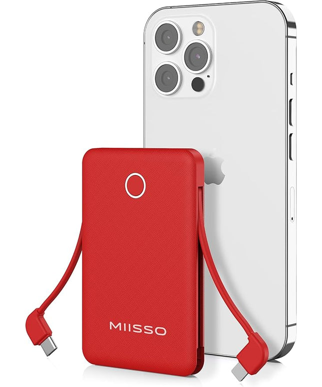 miisso 6000mah Ultra Slim Built in Cables Power Bank, Card Size Built in USB C Cords Battery Pack Portable Charger for Phones, 3 Output External Battery Pack Compatible with iPhone, Red