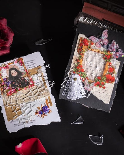 AuriicLeaf Broken Mirror Frame Stickers Set, 40PCS Gothic Rose PET Scrapbook Supplies for Journaling, DIY Crafts, and Planners