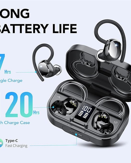 KT1 Bluetooth Headphones Wireless Earbuds 120hrs Playtime Wireless Charging Case Digital Display, Ear Buds with Earhook,IPX7 Waterproof, Deep Bass 2.0,Over-Ear Earphones for Sport Running