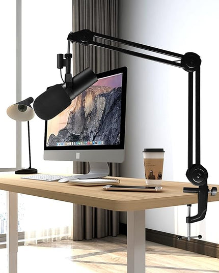 Boom Mic Arm Stand for SM7B with SM7B Pop Filter, Upgraded Adjustable Suspension Scissor Mic Stand Desk Mount with Extension Tube for Video, Podcast, Gaming