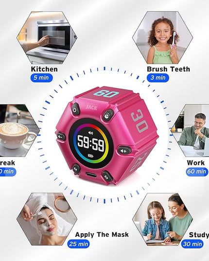 Printers Jack, Visual Pomodoro Timer, Productivity Cube Timer, Mute & Vibration & Adjustable Sound Alert, for Office, ADHD, Study, Work, 3/5/10/25/30/60min & Custom Countdown - Hot Pink
