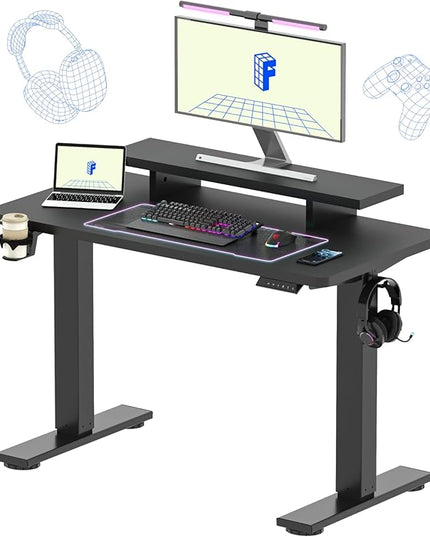 FLEXISPOT Standing Desk with Monitor Stand, 48 x 24 Inches One-Piece Electric Height Adjustable Computer Desk with Cup Holder, Home Office Desks (Black Frame+ Black Top)
