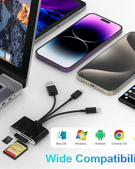 XD Card Reader, SD Card Reader for iPhone, 3 in 1 SD/TF/XD Memory Card Reader Adapter for Lightning/USB C/USB A Device, XD Picture Card Adapter iPhone 17/16/15/14, iPad, MacBook, Android, Camera & PC