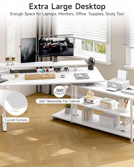 ONBRILL L Shaped Standing Desk with File Cabinet, 63x24'' Electric Stand Up Desk with Monitor and Storage Shelf, Adjustable Height 28-46'' for Home and Computer Workstation, White