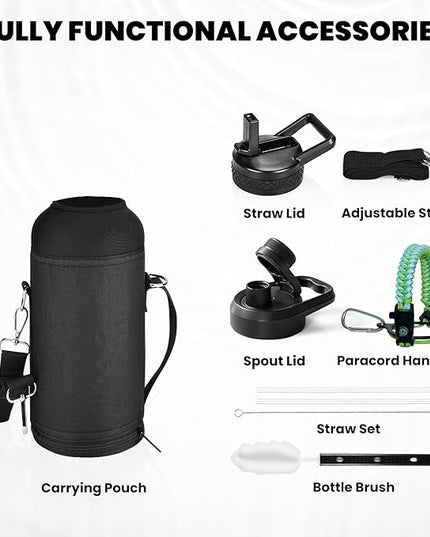 Insulated Water Bottle 32 oz, Triple Wall Vacuum Stainless Steel (Cold for 48 Hrs), Leak Proof & Non-BPA, Modern Water Flask Jug with Paracord Handle & Straw Spout Lids, Ombre Green