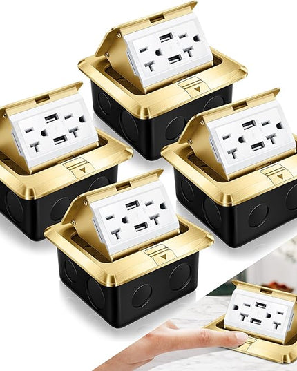 Hoolerry 4 Pack Pop up Floor Electrical Outlet Cover Box Kit with 4.8A USB Charger 20Amp Waterproof Weatherproof Floor Tamper Resistant Outlet Receptacle for Countertop Home (Gold)