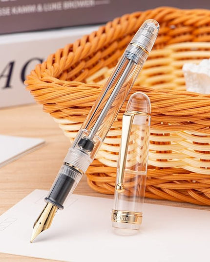 Asvine V126 Vacuum Filling Fountain Pen Medium Nib, Transparent Clear Acrylic, Large-Capacity with Gift Case
