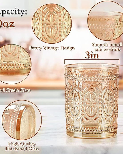 Amber Glassware set of 4, Vintage Drinking Glasses, 10oz Heavy Duty Glass Cups, Colored Glassware Set, Embossed Glasses Set for Party Wedding Home Office Gift