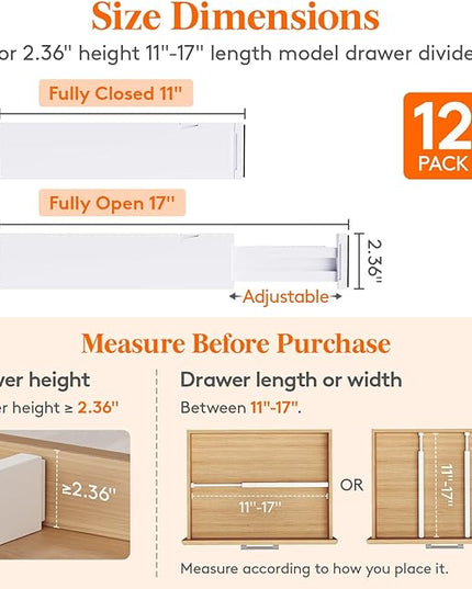 Lifewit 12 Pack Kitchen Drawer Dividers 2.36" High, 11"-17" Adjustable Drawer Organizer for Utensils/Clothes/Makeup, Plastic Expandable Separators in Dresser/Bedroom/Bathroom/Office Storage