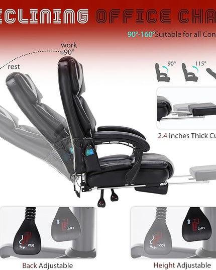 Massage Office Chair with Foot Rest 6 Points Vibration and Heat Home Office Desk Chairs for Heavy People 400lbs Reclining Managerial Chairs Ergonomic Executive Chair (Black)