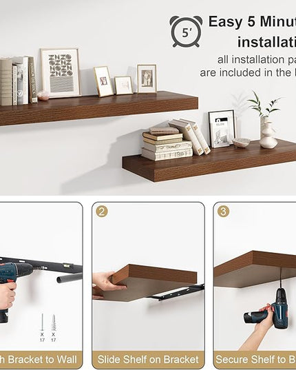12" Deep Walnut Floating Shelves,Over Toilet Long Wall Mounted Modern Farmhouse 36 inches,Wall Shelves with Invisible Brackets for Bedroom, Bathroom, Living Room, Kitchen, Set of 1