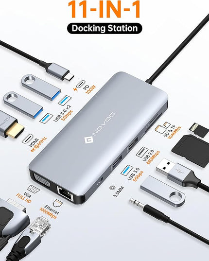 NOVOO USB C Hub, 11-in-1 Docking Station Multiport Adapter with 4K USB C to HDMI, VGA, Gigabit Ethernet, 100W PD, 3 USB-A 5 Gbps, MicroSD/SD Card Reader, Dock for Most Type-C Devices