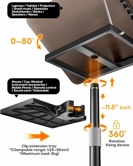 2 in 1 Adjustable Book Stand - Dual-Use Floor and Desktop Book Holder Stand, Height Adjustable 23.5-52 in, Elastic Page Clips for Music Sheet, Recipe, Tablet, Laptop-Black