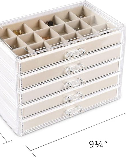 Frebeauty Acrylic Jewelry Organizer Earring Organizer Box with 5 Drawers Earring Holder Organizer with Velvet Trays Clear Jewelry Box for Women Earring Display for Rings Studs(Beige)