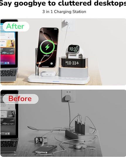 5 in 1 Wireless Charging Station for Apple,Magnetic Charger with Alarm Clock Night Light for Multiple Devices,Nightstand Charging Station Compatible with iPhone 17/16/15/14/13/12,Apple Watch,Air-Pods