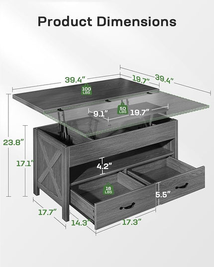 Marsail 40" Lift Top Coffee Table, 4 in 1 Coffee Table with Hidden Compartment, 1 Open Shelf and 2 Drawers, Multifunctional Farmhouse Center Table for Living Room and Home Office, Gray