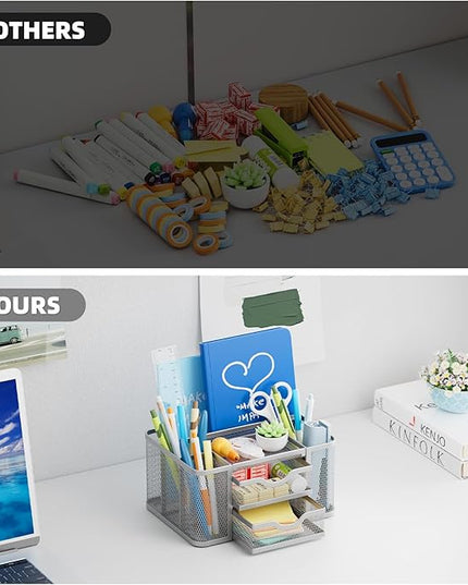 Marbrasse Mesh Desk Organizer, Pen Organizer with 2 Drawer, Multi-Functional Pencil Holder, Desk Organizers and Accessories with 5 Compartments + Drawer for Office Art Supplies (Silver)