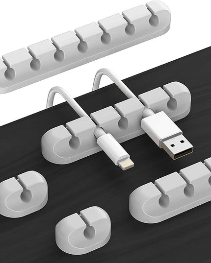 Desk Accessories for Charging Organizer - 5 Packs Grey Computer Desk Accessories and Adhesive Cord Organizer for Cable Holder Cleans Up Messy Wires at Home, Car and Office (7-5-3-1-1 Slots)