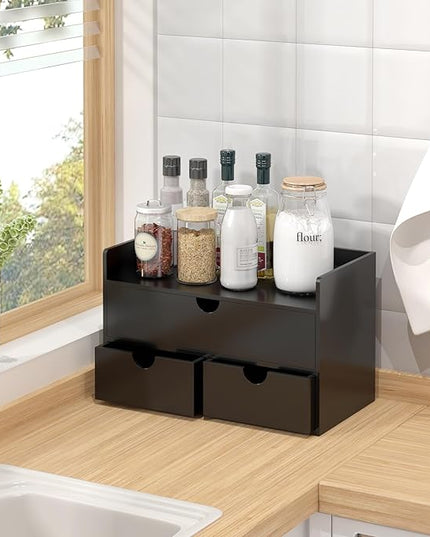 Bamboo Desk Organizer with Drawers Desktop Storage Drawers for Bills Office Supplies Kitchen Utensils Organizing Tool for Home Classroom Organization No Assembly (Black with Shelf)