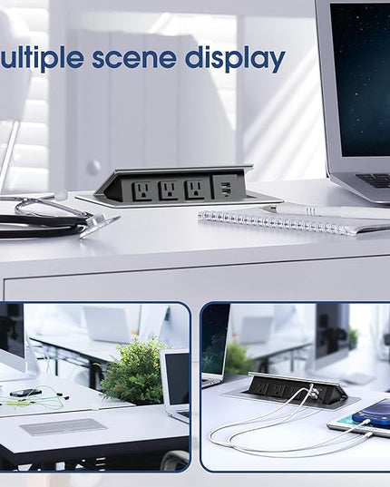 KYHSHJ Connection Box Desktop Pop Up Outlet with 2 USB Ports & 3 Outlets (Silver)