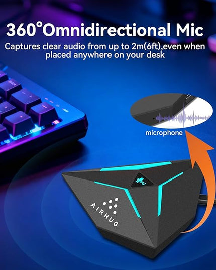 AIRHUG Gaming Microphone, USB Computer Microphone for Windows, Mac, PS4/5, Noise Reduction,Mute Button & RGB Indicator, Plug & Play Condenser Microphone for Streaming, Podcasts, Twitch, YouTube