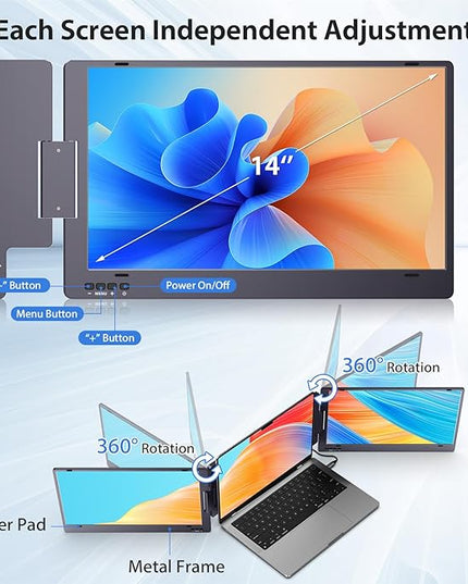 KYY 14" Portable Triple Monitor for Laptop, Laptop Screen Extender with Full HD IPS Display, Computer Extended Monitor Compatible with Mac, Windows, Chrome, Fits 12-16 Inch Laptops