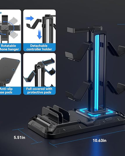 KDD Headset Stand with Charging Station - Detachable Controller Holder with 9 Light Modes - Rotatable Headphone Hanger with USB A&C Charger Ports - Earphone Hook for PC Gaming Accessories Storage
