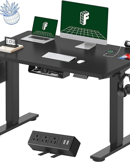 FLEXISPOT EN2 Whole-Piece Standing Desk with Clamp Power Strip, 48x30 Electric Stand Up Height Adjustable Desk with Cable Management (Black Frame + Black Top, 2 Packages)
