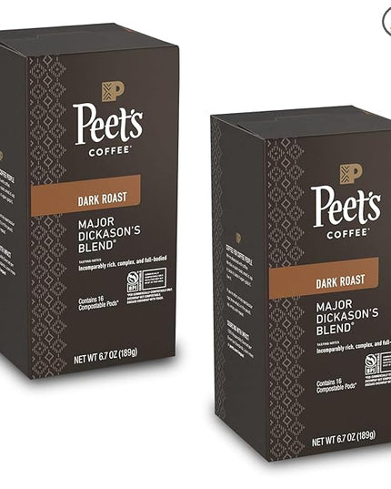 Peet’s Major Dickason’s Coffee Pods – 32 Count (2 Packs of 16) – Dark Roast with Bold, Rich Flavor and Smooth Finish – Compatible with Pelecom Coffee Machines – Peet’s Coffee Pods & Capsules
